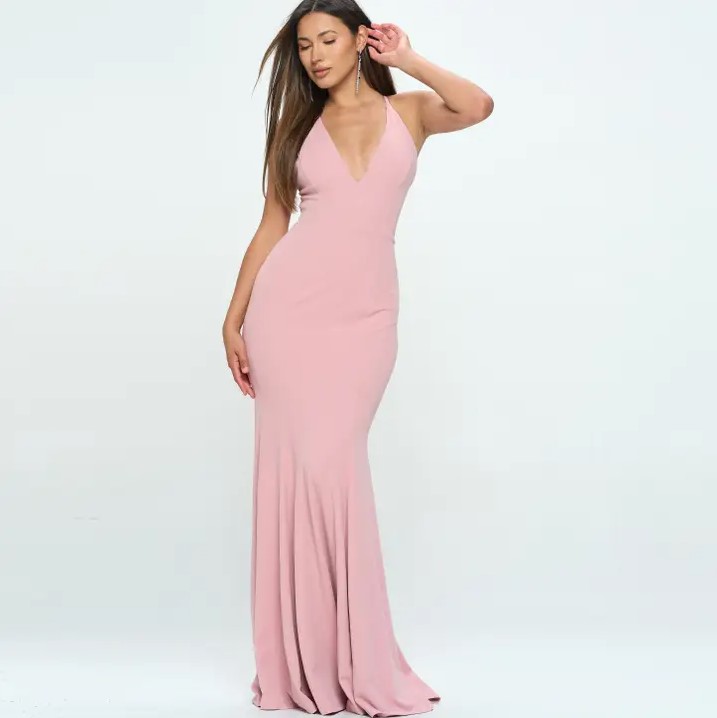 Wholesale Blush Plunging V-Neck Maxi Dress
