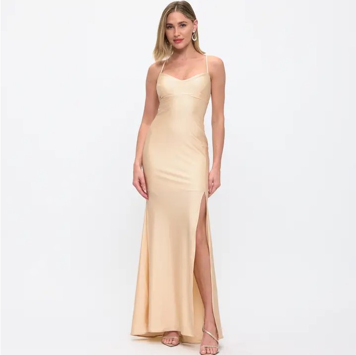 Premium Champagne Satin Slit Dress