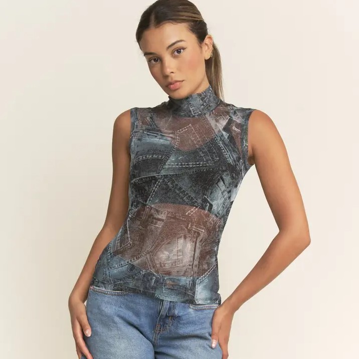 Women's Denim Patchwork Mesh Top Wholesale