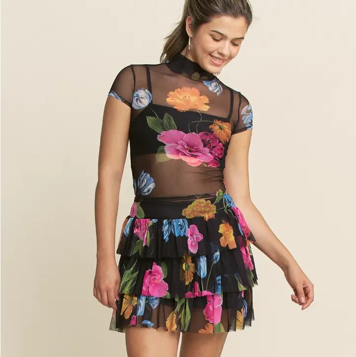 Wholesale Floral Mesh Two-Piece Skirt Set