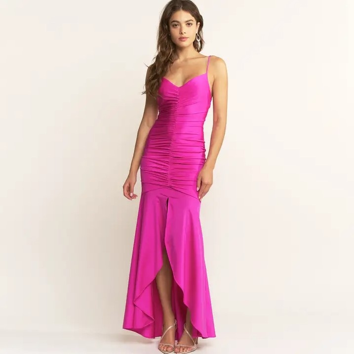 Wholesale Hot Pink Ruched High Low Dress