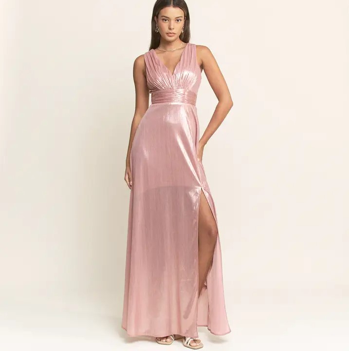 Luxury Metallic Pleated V-Neck Gown Wholesale