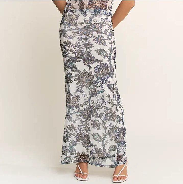 Wholesale Paisley Print Mesh Maxi Skirt