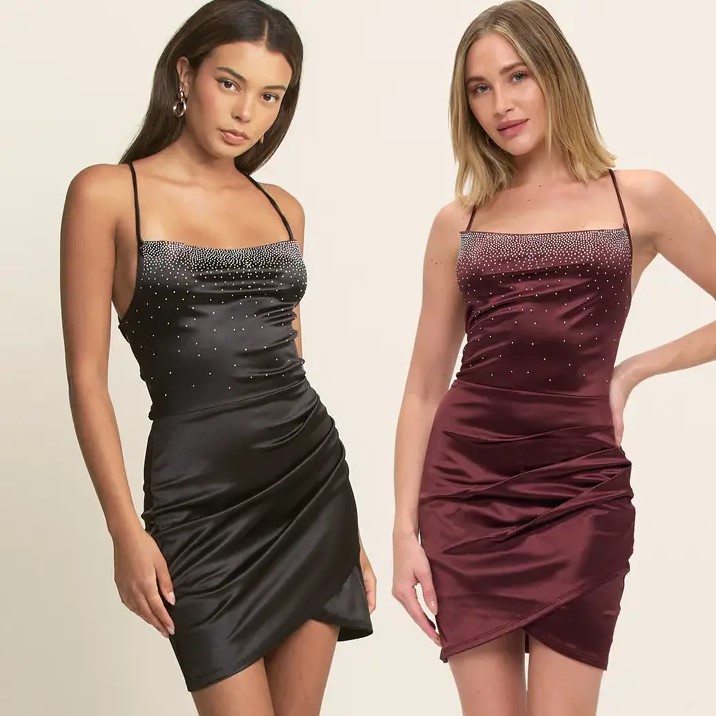 Women's Rhinestone Cowl Satin Mini Dress Wholesale