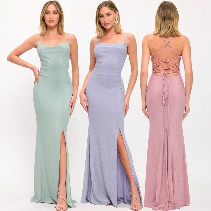 Wholesale Shimmer Cowl Neck Slit Maxi Dress