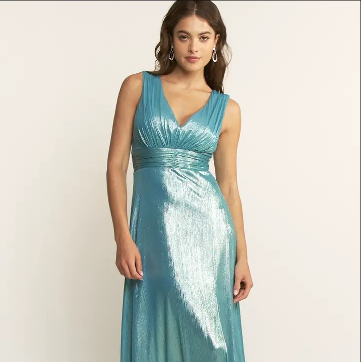 Wholesale Teal Metallic Pleated Maxi Dress